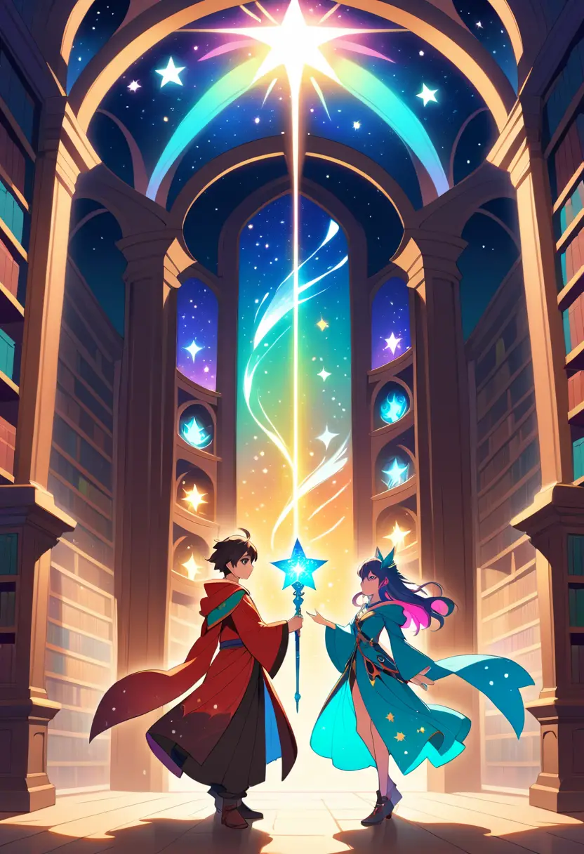 Magos de anime con varitas brillantes en una biblioteca mágica