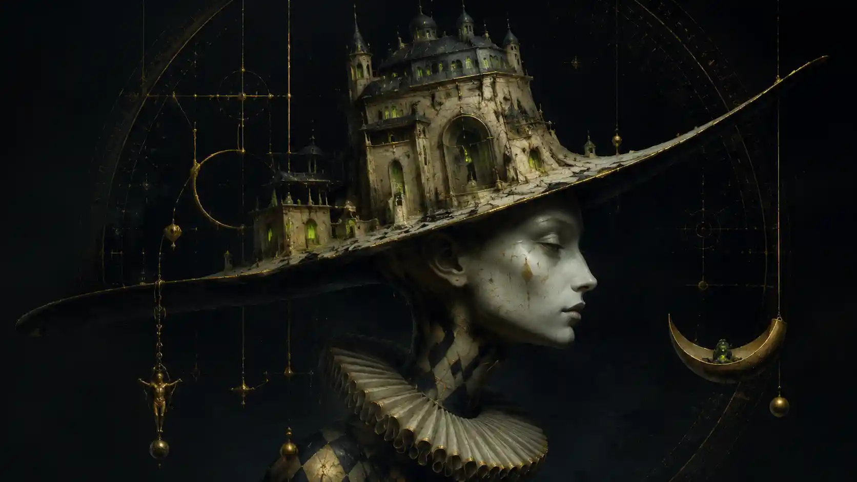 Surreal hat as glowing architectural world in darkness