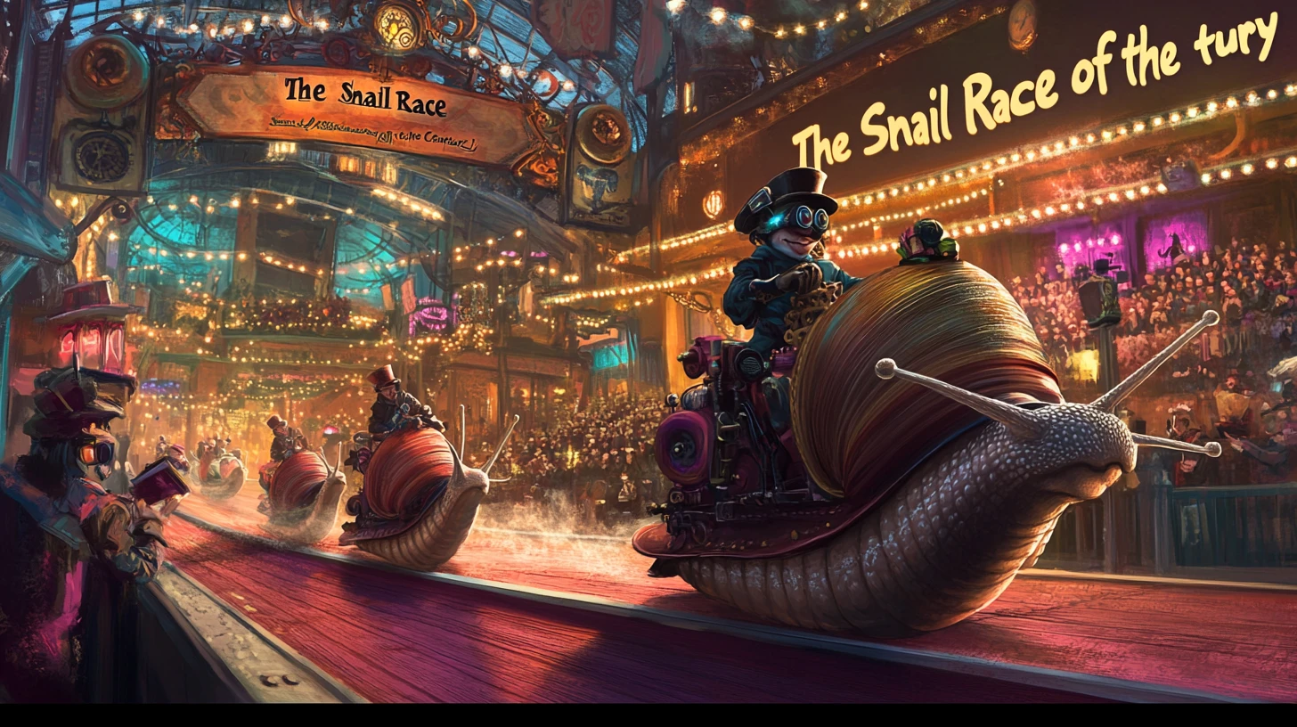 Colorful steampunk snail race with cricket jockeys and cheering crowd