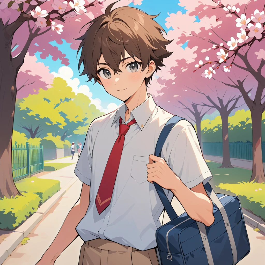 Cheerful Anime School Boy At Gate With Cherry Blossoms