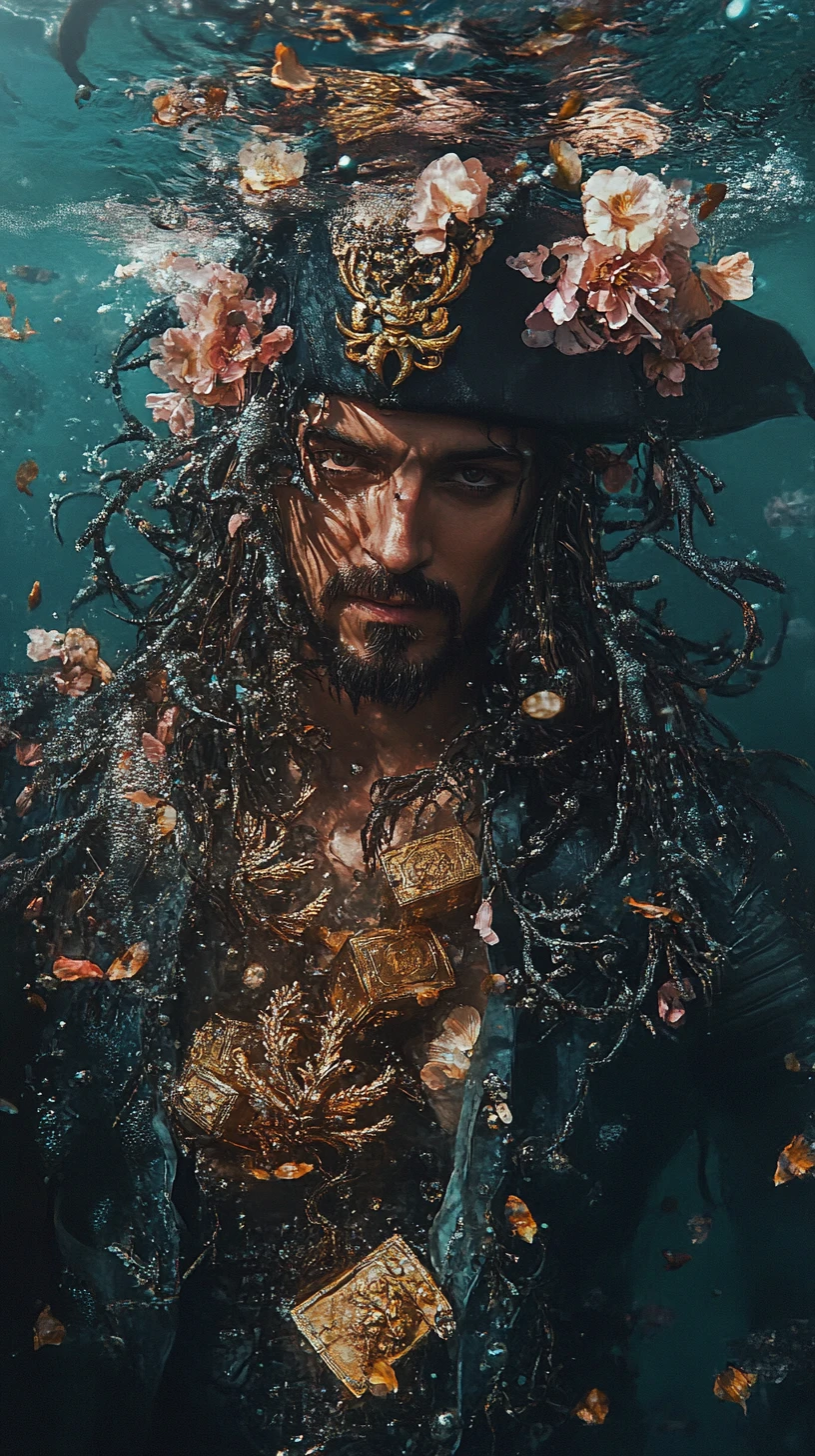 Rugged pirate in a surreal ocean of dark florals
