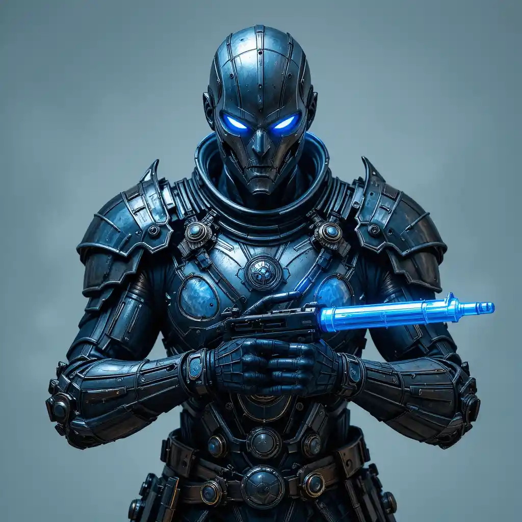 Armored warrior holding glowing blue translucent weapons arrays