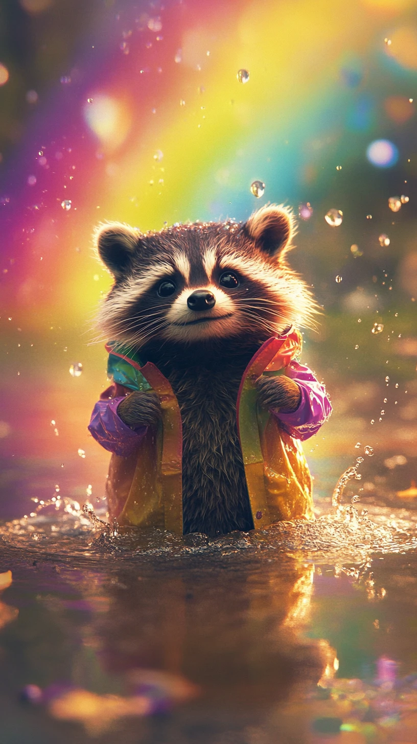 Raccoon Splashing In Puddles Beneath A Bright Rainbow