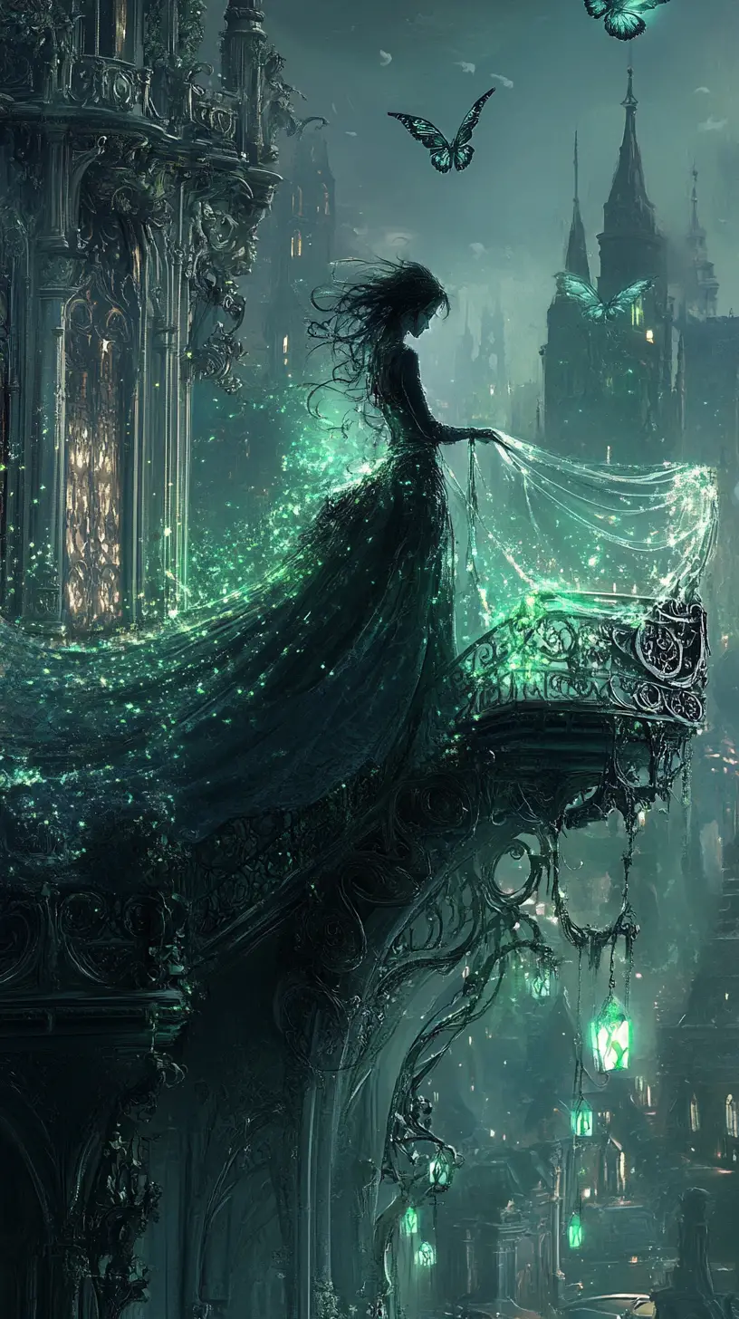 Woman weaving glowing memories into fabric in gothic atelier