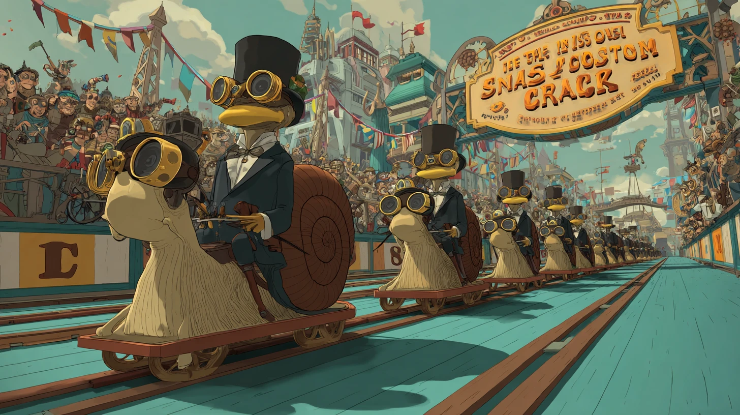 Colorful steampunk snail race with cricket jockeys and crowd