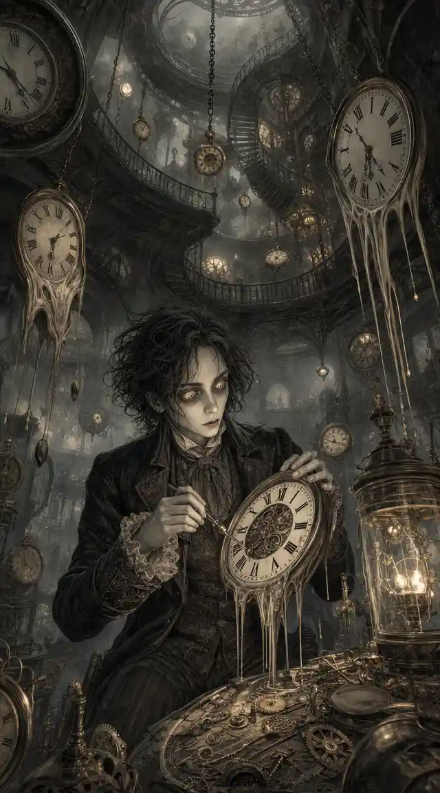 Victorian woman repairing melting clocks in a spiraling tower