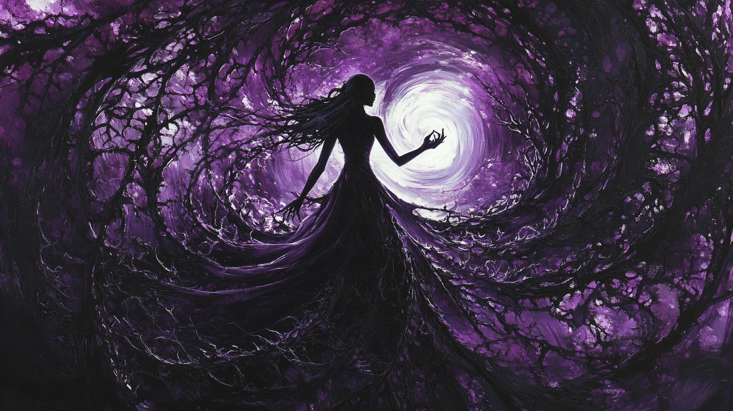 Mysterious woman weaving living thorn vines like dark magic