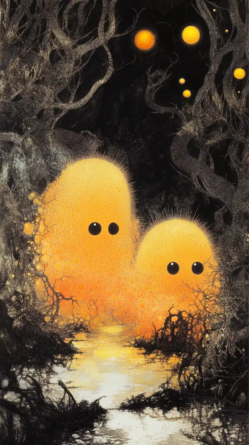 Due soffici creature gialle in un paesaggio oscuro e surreale