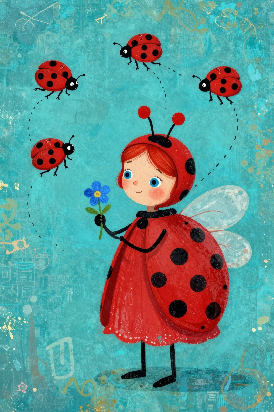 Whimsical ladybug woman holding a small blue flower