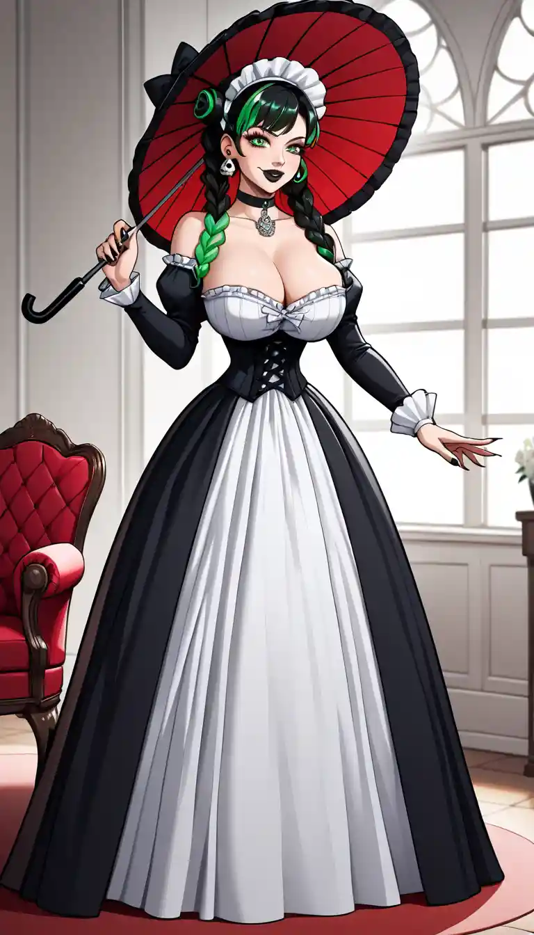 Korean woman in gothic victorian gown on red couch