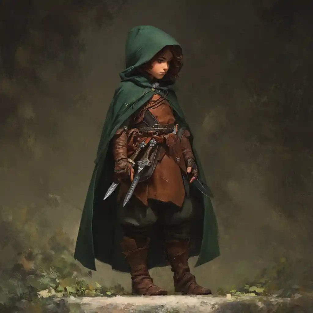 Forest gnome rogue girl in a hooded leather cloak