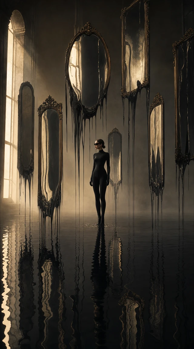 Vigilante woman in melting mirror chamber above dark water