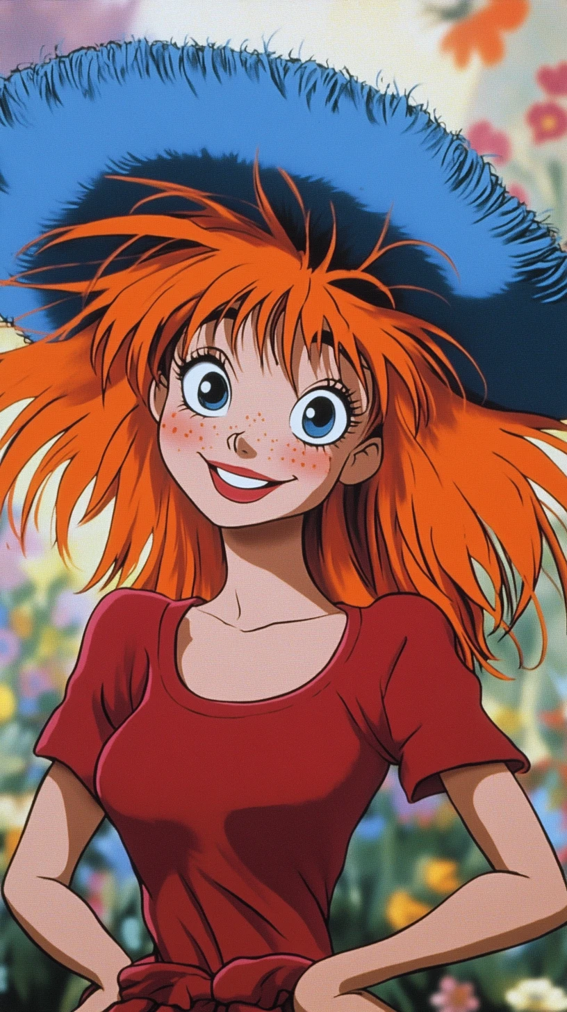 Playful cartoon girl with orange hair in a flower city