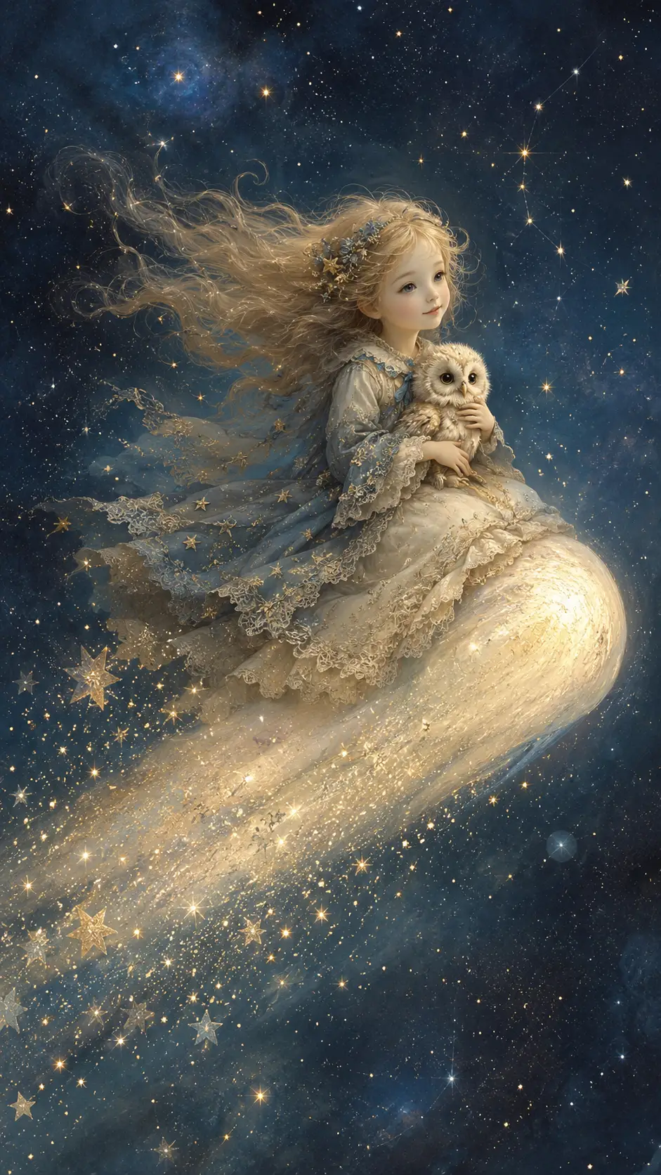 Child Riding A Glowing Comet Through Starry Skies