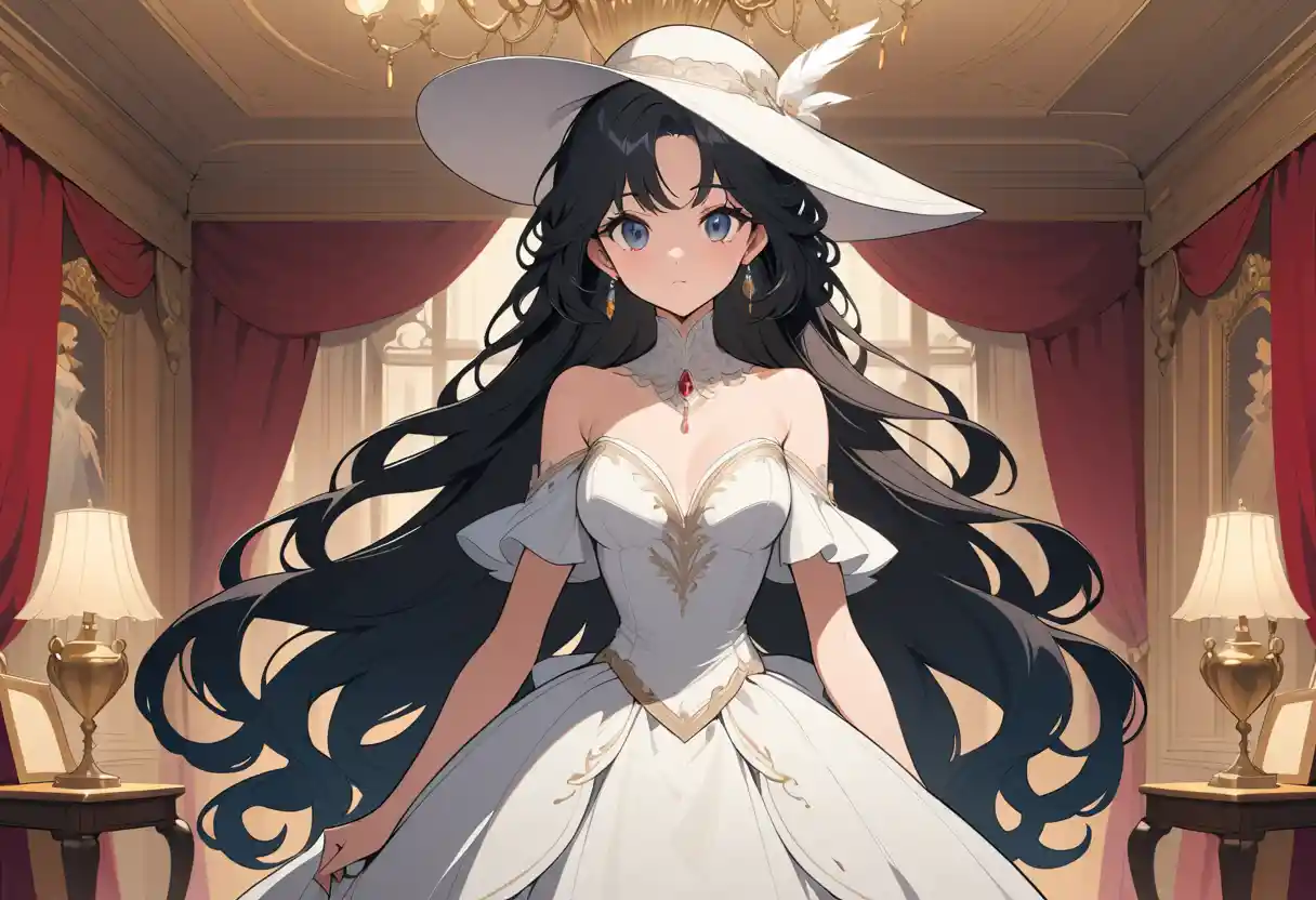 Elegant anime lady in a classic european ballroom