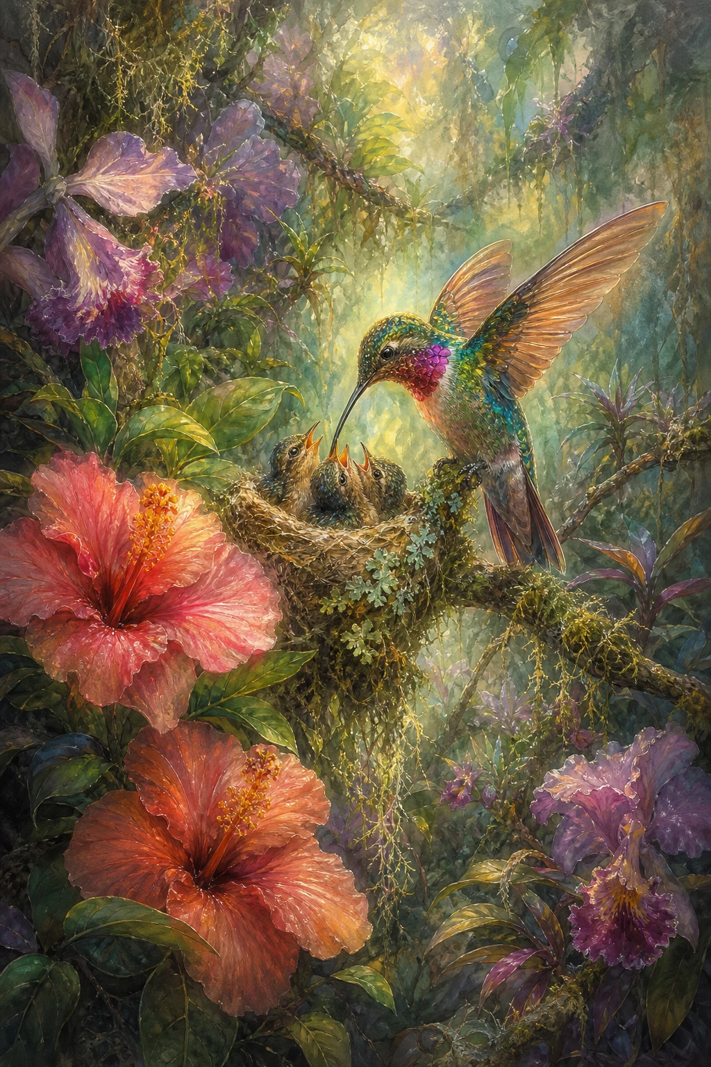 Luminous hummingbird feeding chicks in a jungle nest