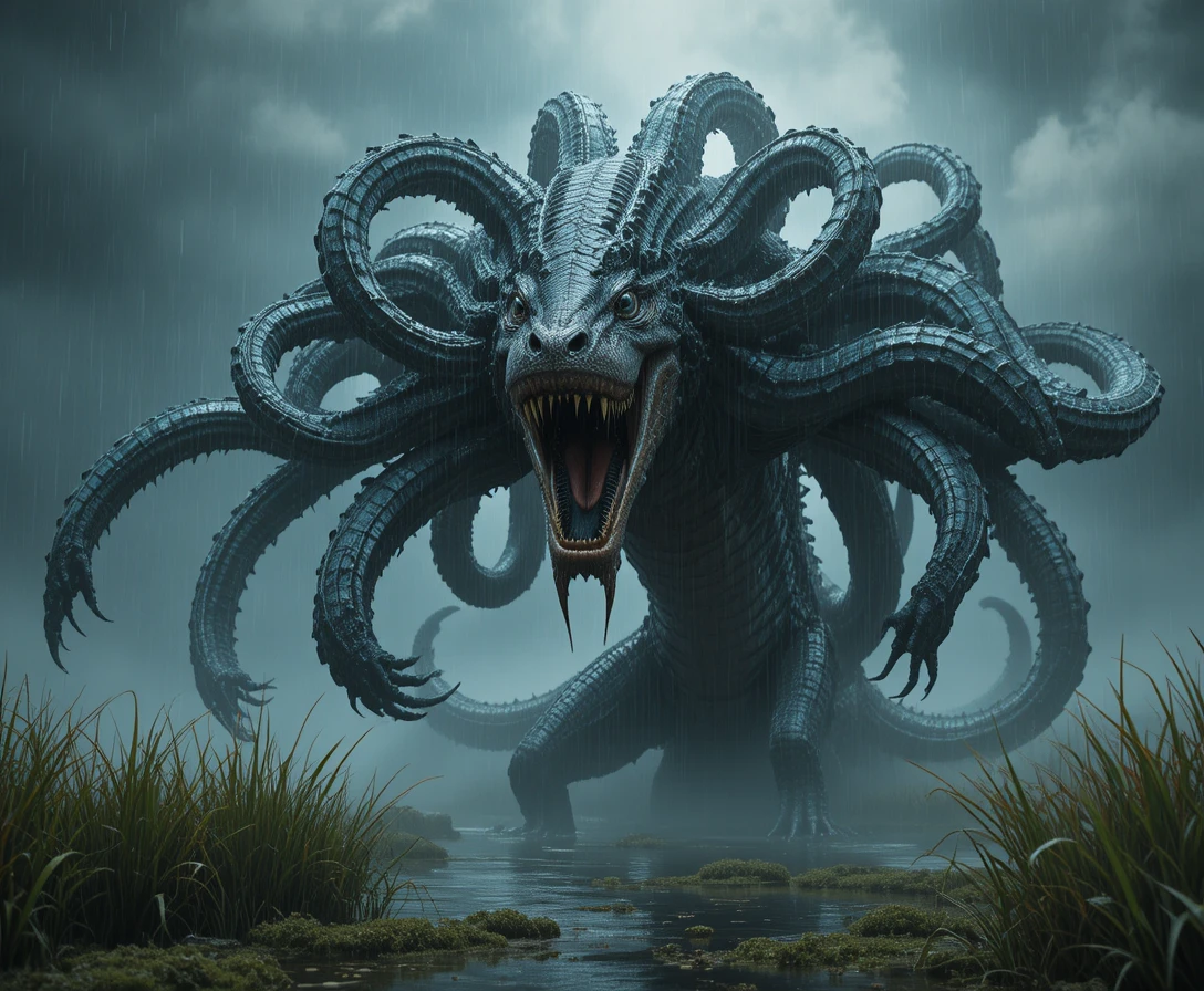 Hydra With Multiple Serpent Heads Rising From Stormy Marsh