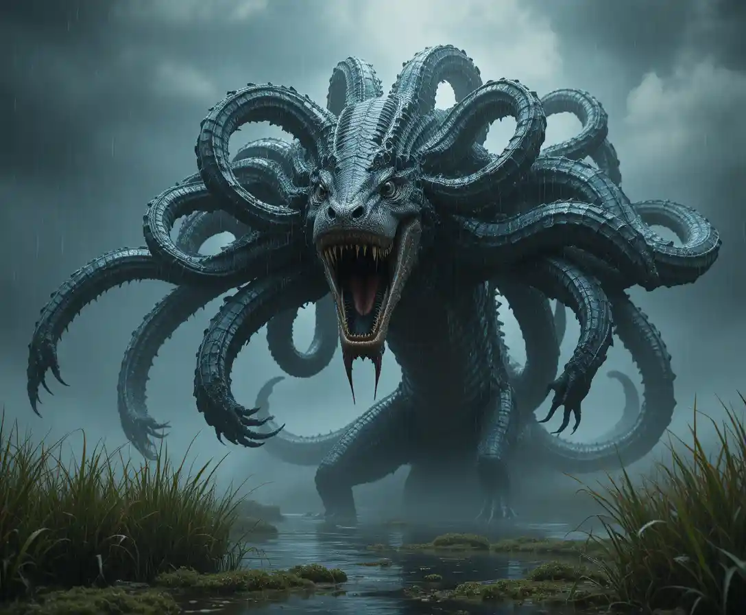 Hydra With Multiple Serpent Heads Rising From Stormy Marsh