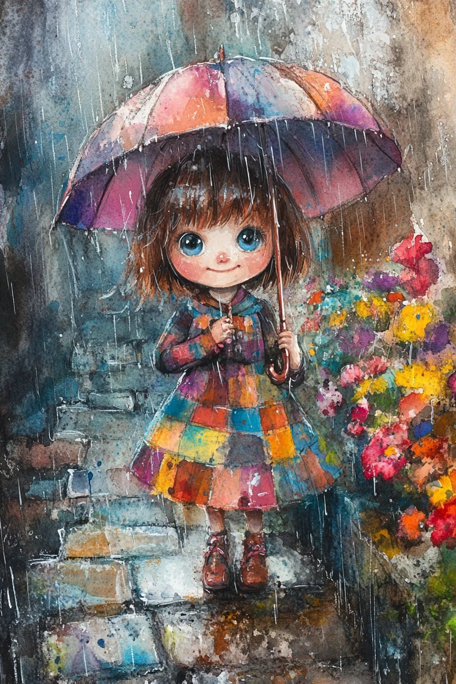 Little girl under a plaid umbrella on wet cobblestones