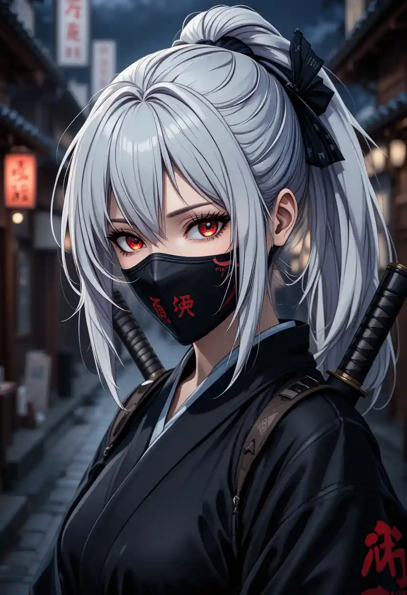 Masked female samurai with katanas on a dark street
