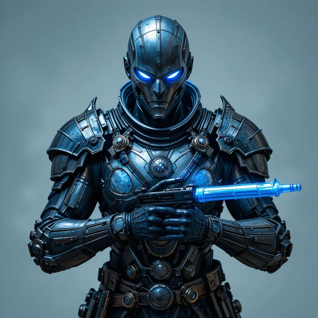 Armored warrior holding glowing blue translucent weapons arrays