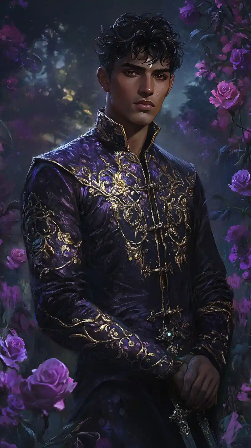 Fantasy duelist in a twilight field of dark violet roses