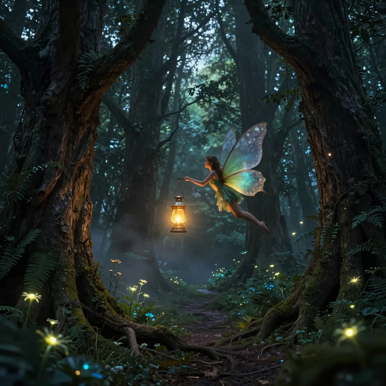 Fairy With Golden Lantern Flying Through Enchanted Forest