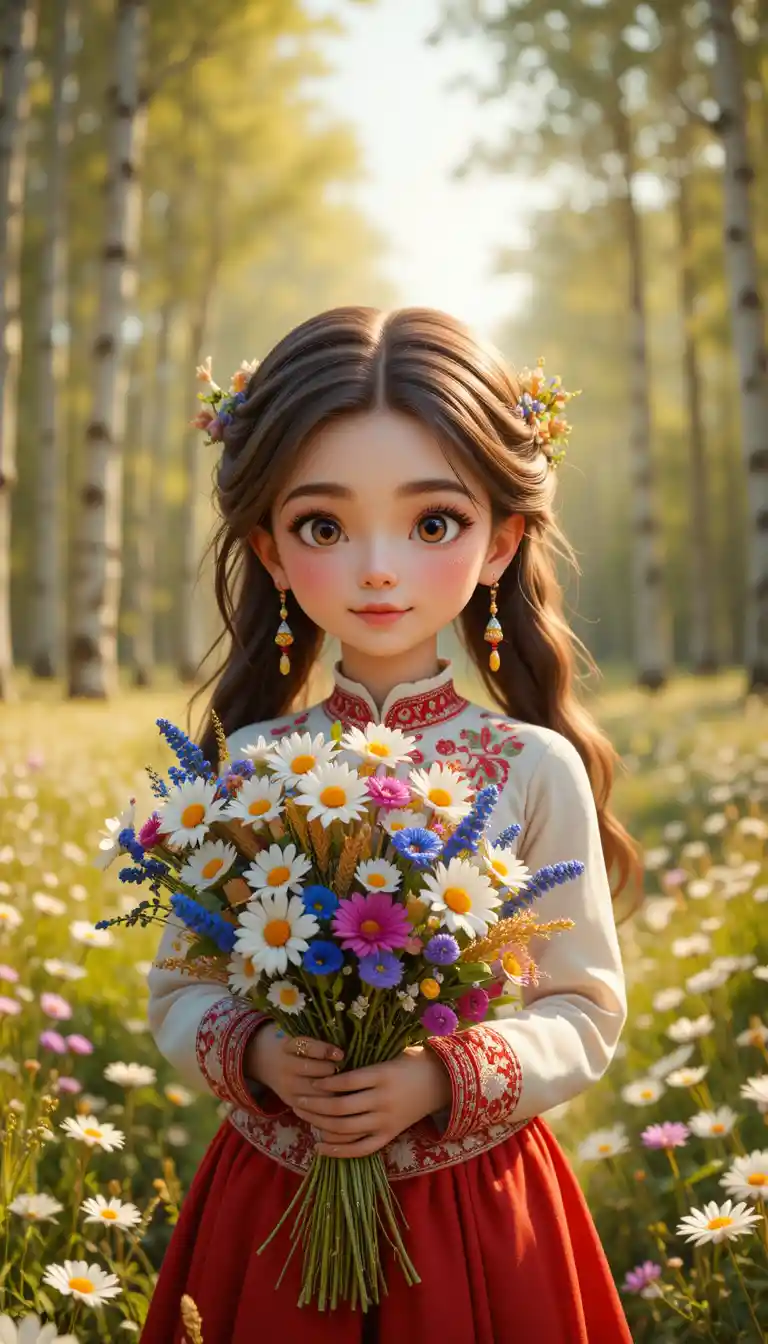 Slavic girl offering flowers in a sunny summer meadow