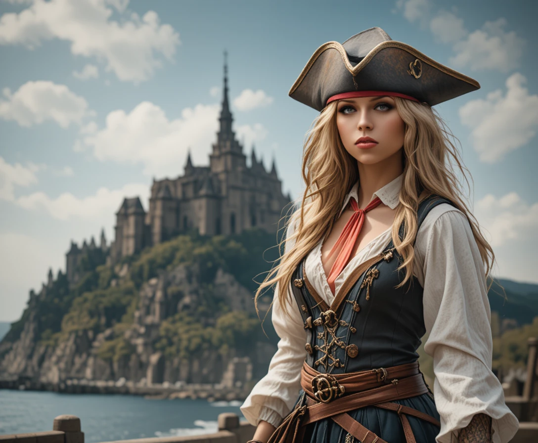 Female pirate character standing before a historic coastal landmark