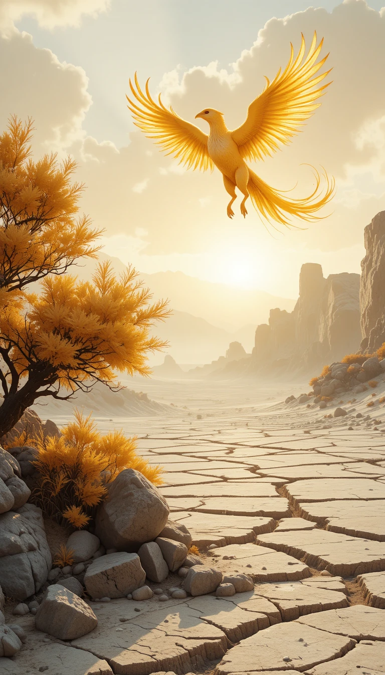 Golden phoenix soaring above cracked desert at sunrise