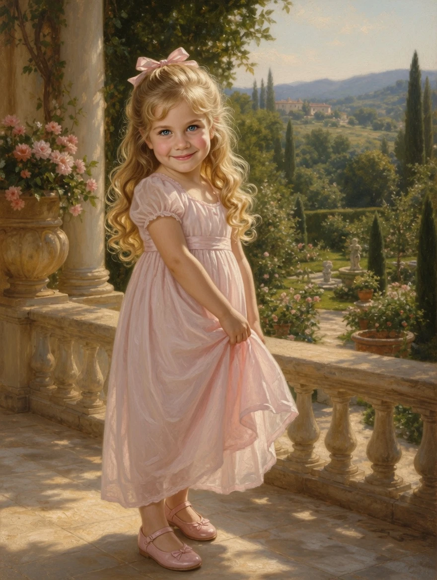 Little girl on a sunlit Mediterranean villa terrace