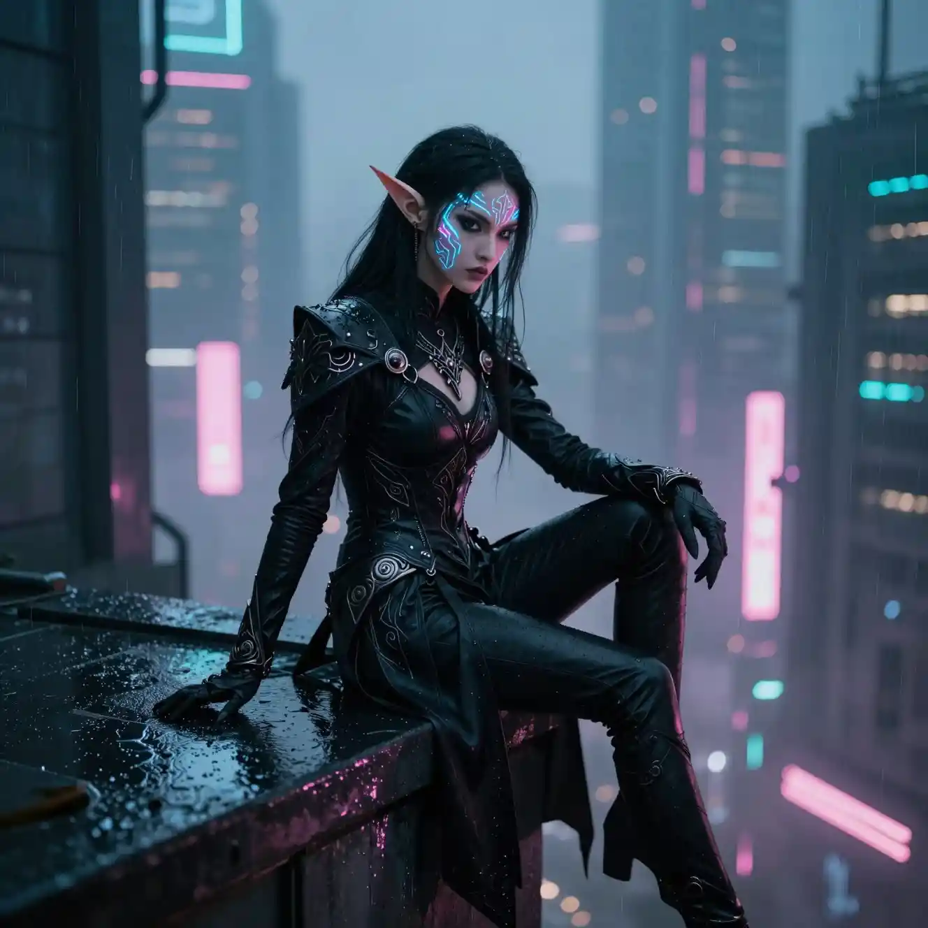 Elven rogue on a skyscraper above neon cyberpunk city