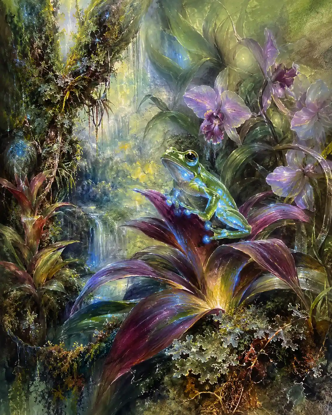 Tree frog perched on bromeliad in lush jungle painting