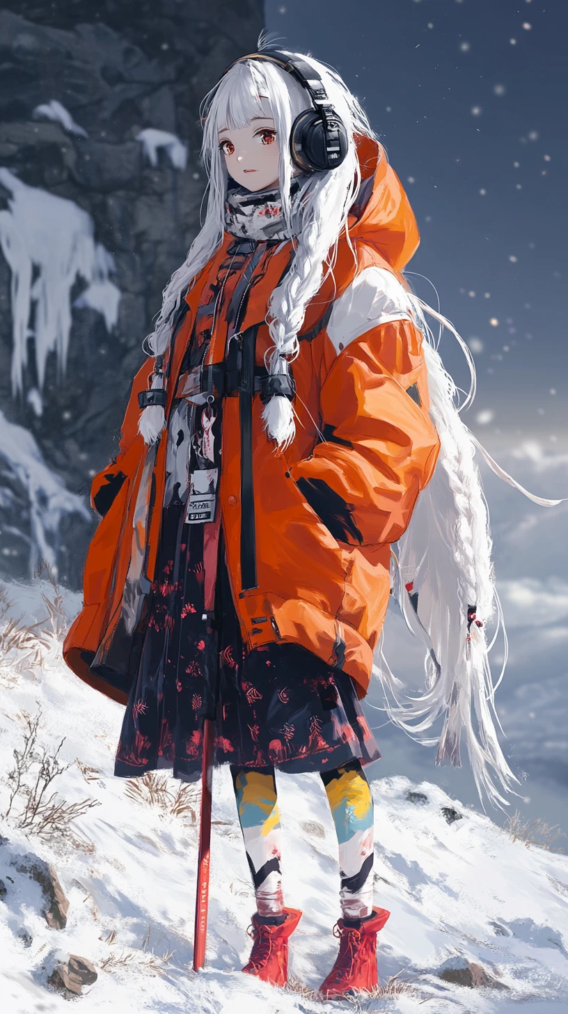 Anime girl in orange winter coat in snowy mountains