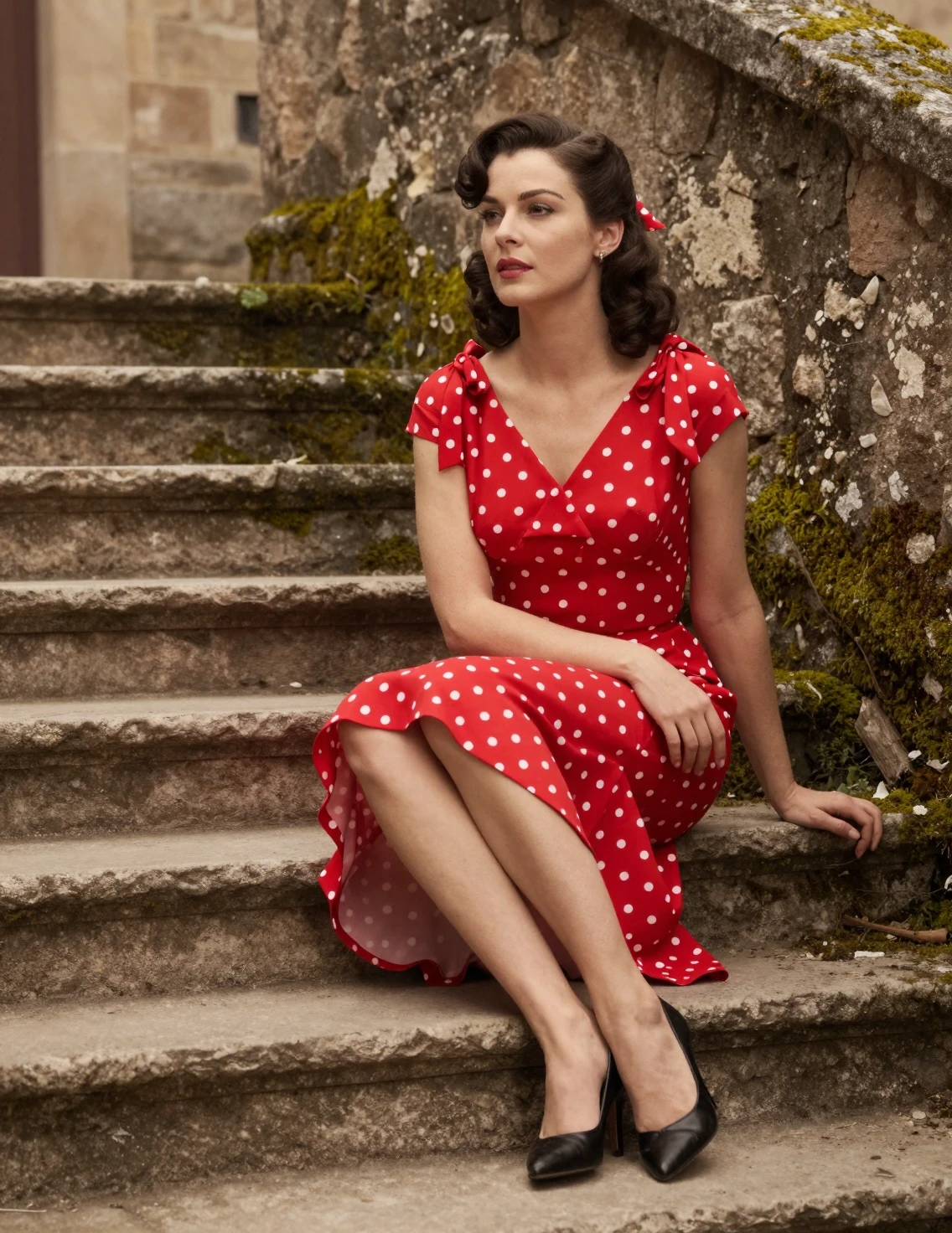 Elegant woman in red dress on ancient stone steps