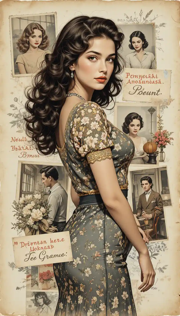 Retro collage of a 1950s pin up woman on vintage paper