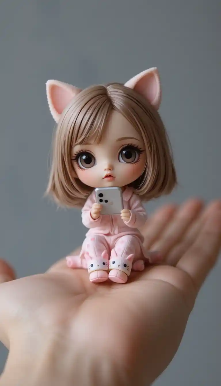 Tiny chibi doll girl kneeling on a human hand