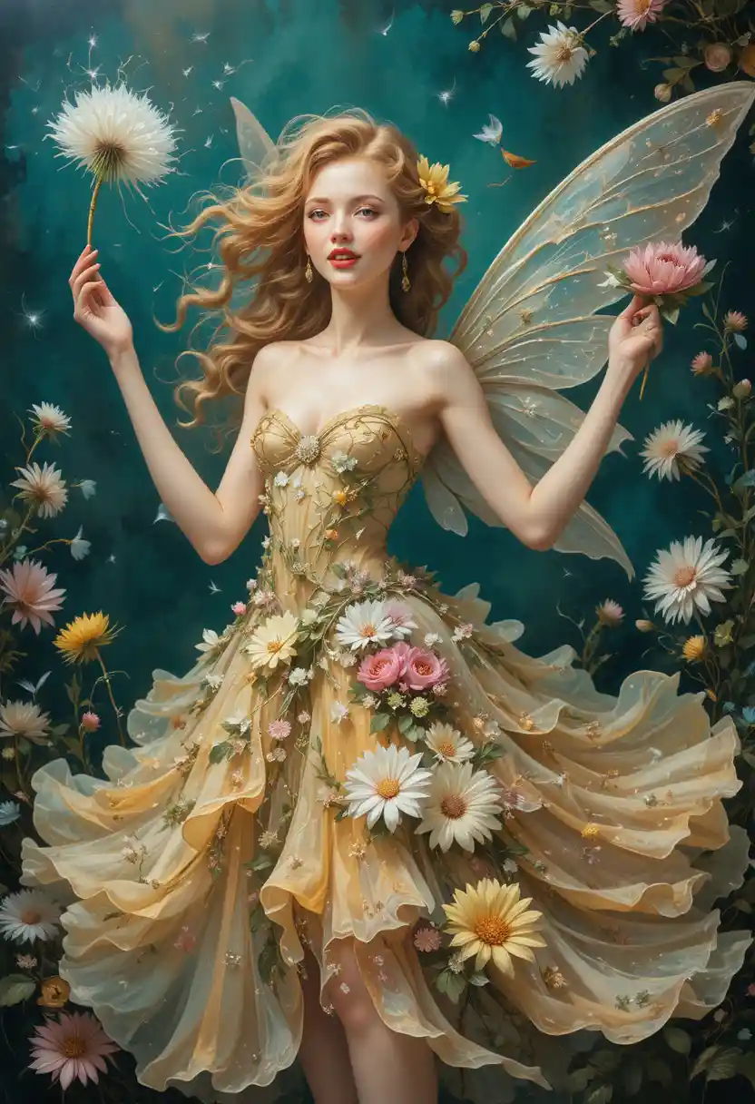 Joyful dandelion fairy in ornate floral costume painting