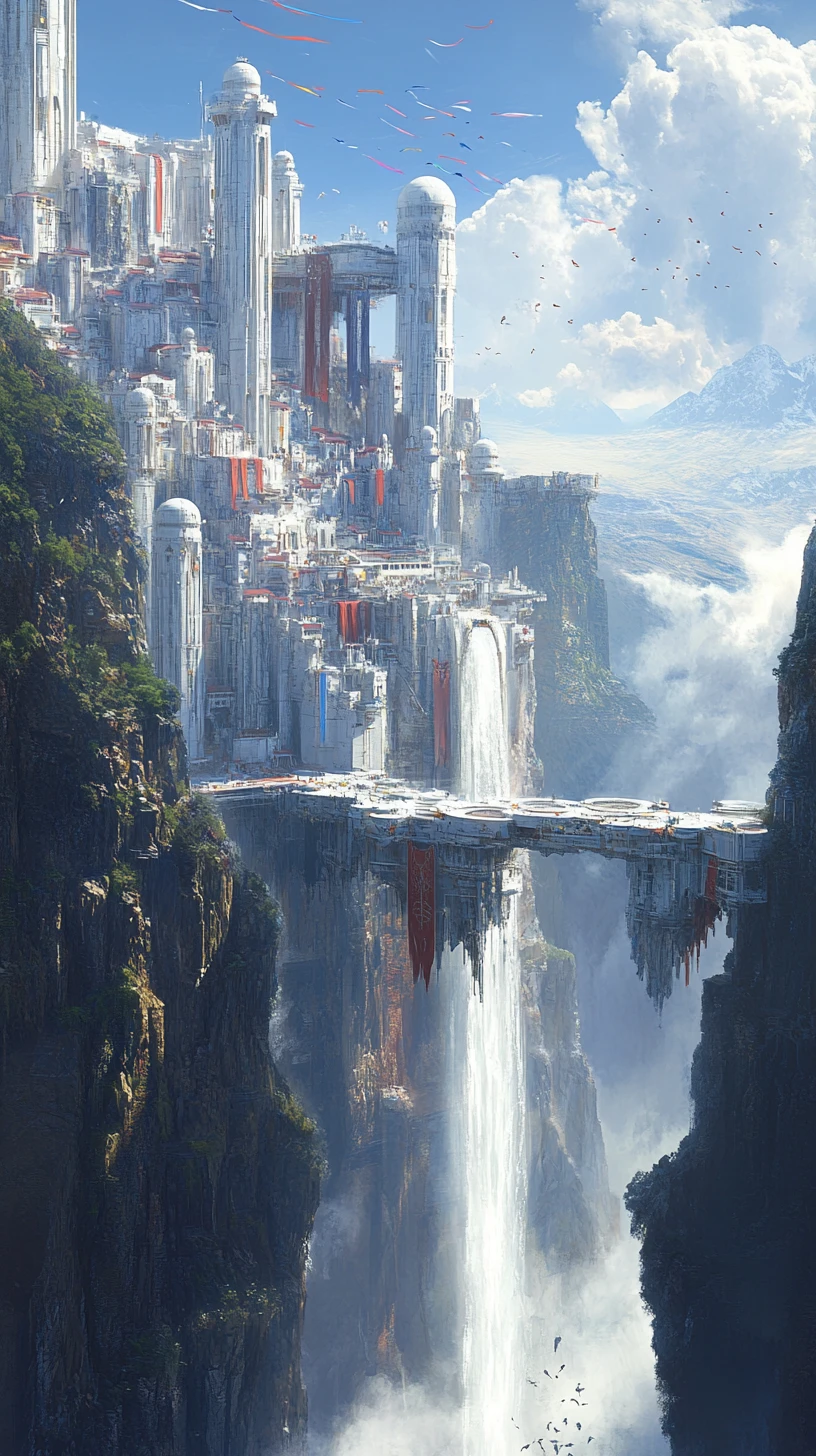White fantasy city on a cliff with waterfall and bridge
