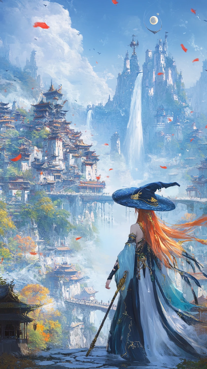 Red haired witch girl overlooking a white fantasy city