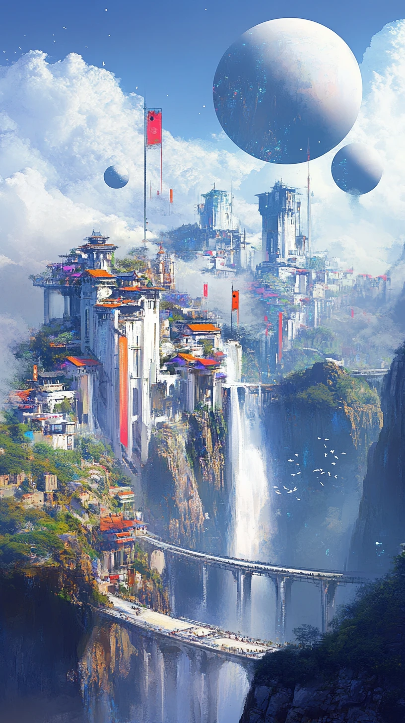 White fantasy city on cliffs with waterfall and bridge