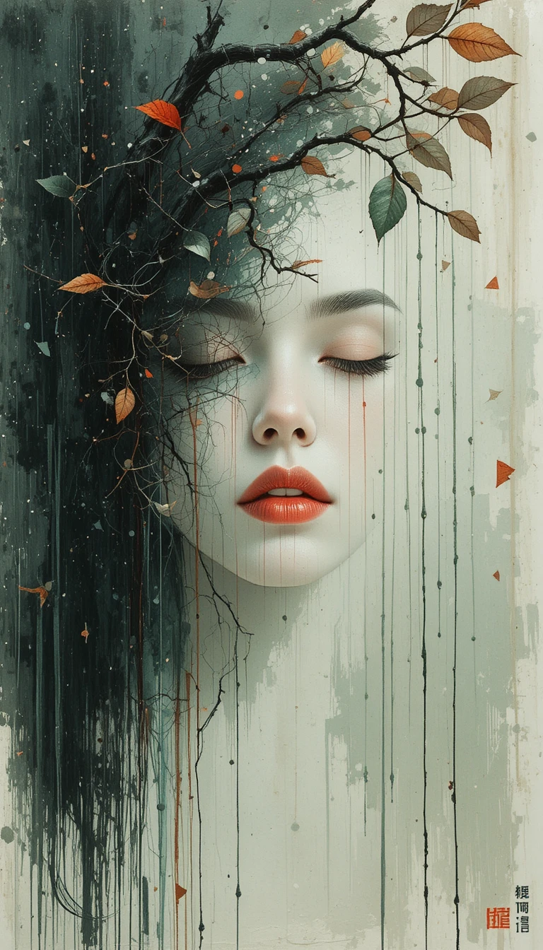 Minimal female portrait with red lips and abstract tree elements