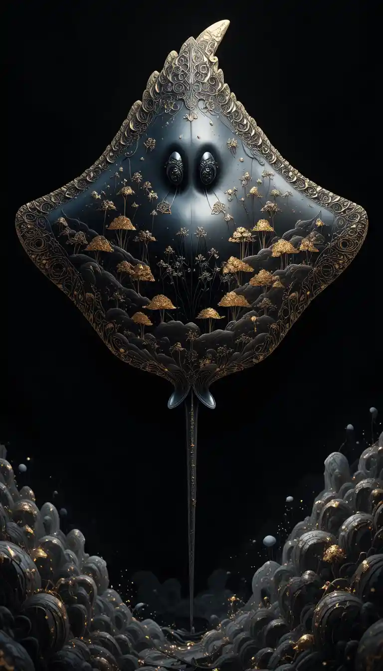 Giant black stingray with gold landscape on dark background