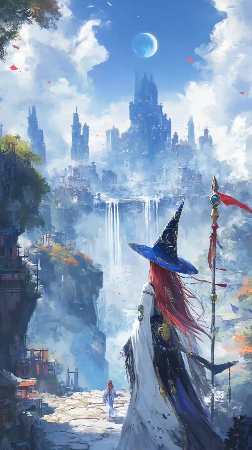 Red haired witch girl on a bridge in a fantasy city