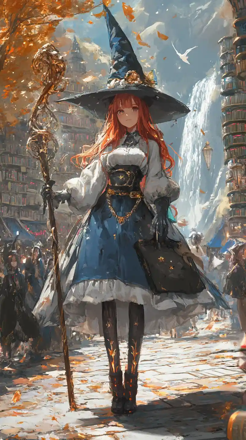 Red haired witch girl in starry blue dress with staff