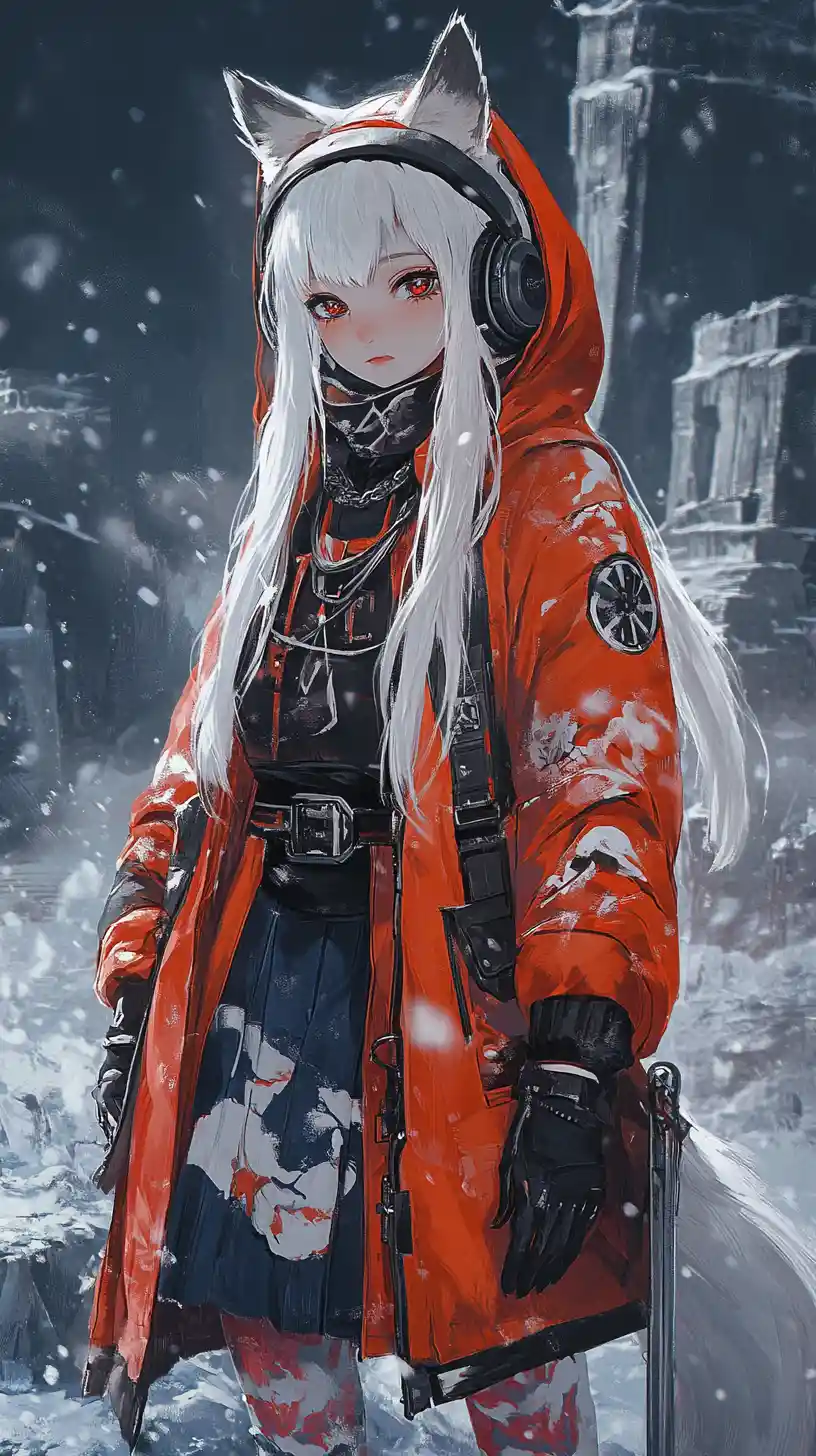 Anime girl in orange winter coat before snowy night mountains