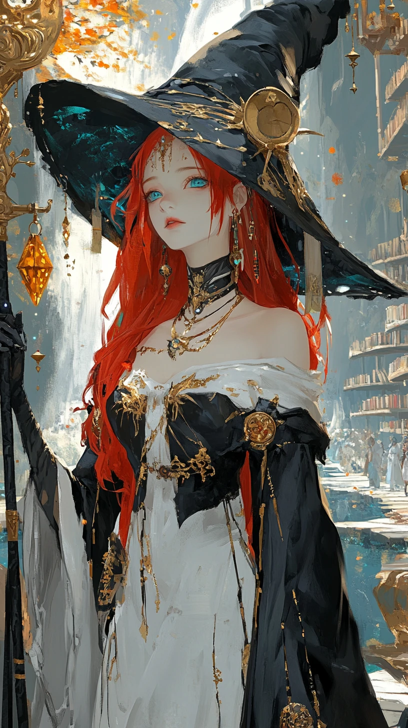 Red haired witch girl in a starry blue dress