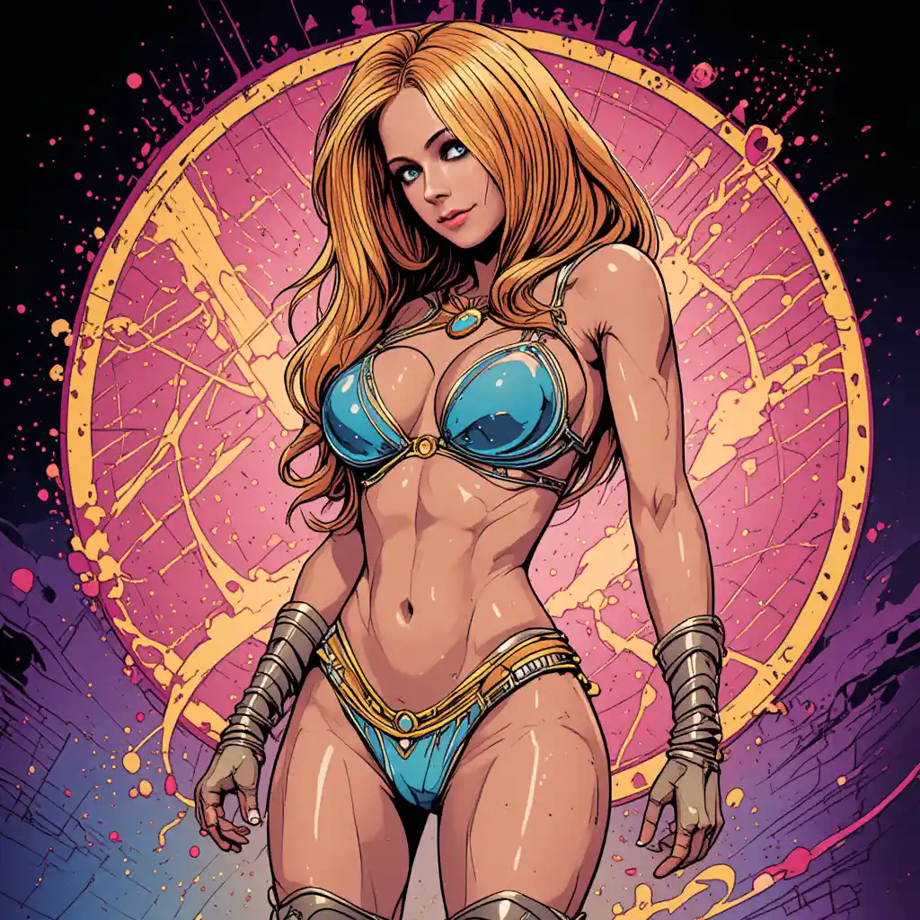 Curvy space heroine in a vibrant futuristic comic scene