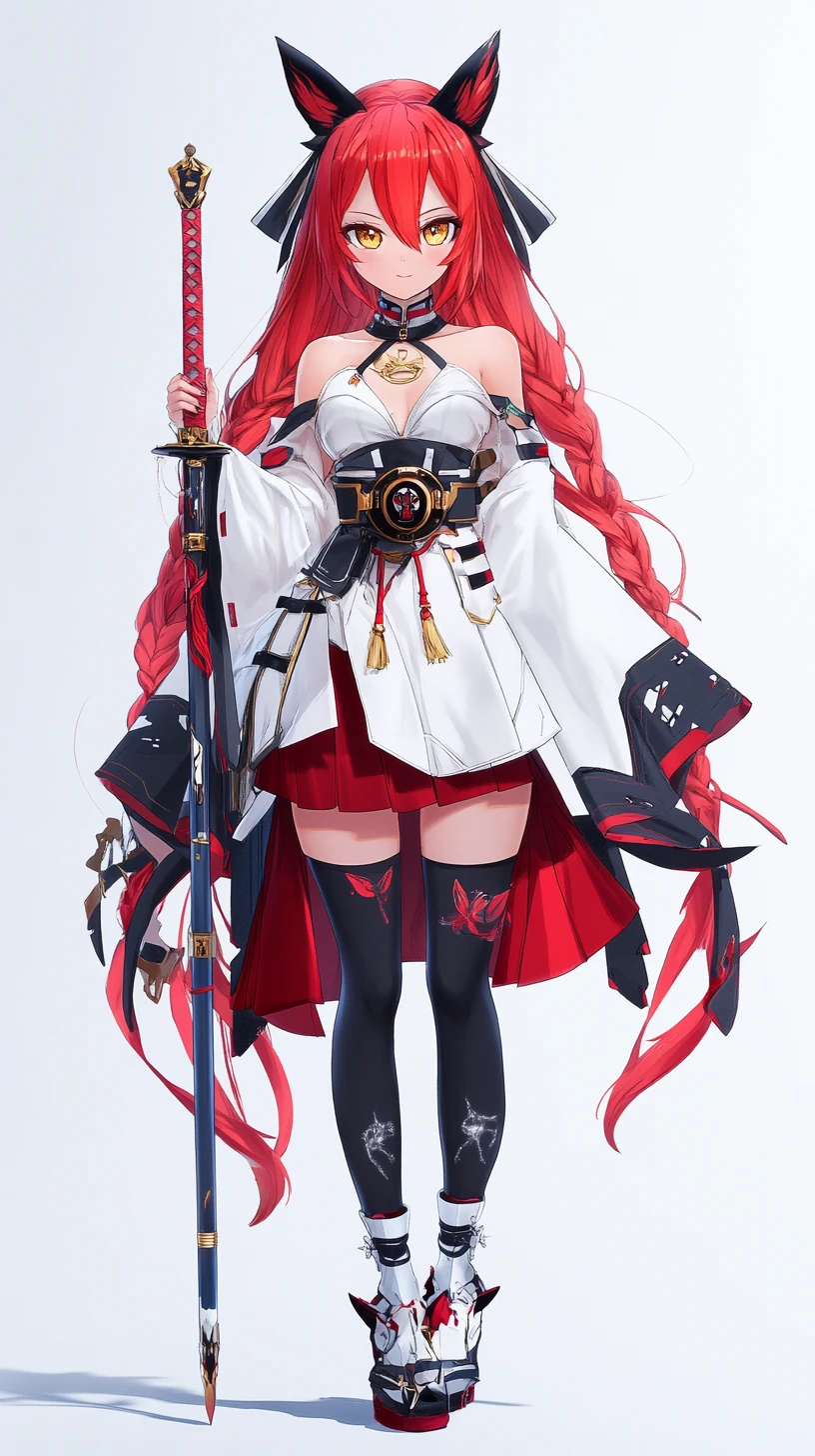 Anime girl with long crimson hair in detailed fantasy outfit