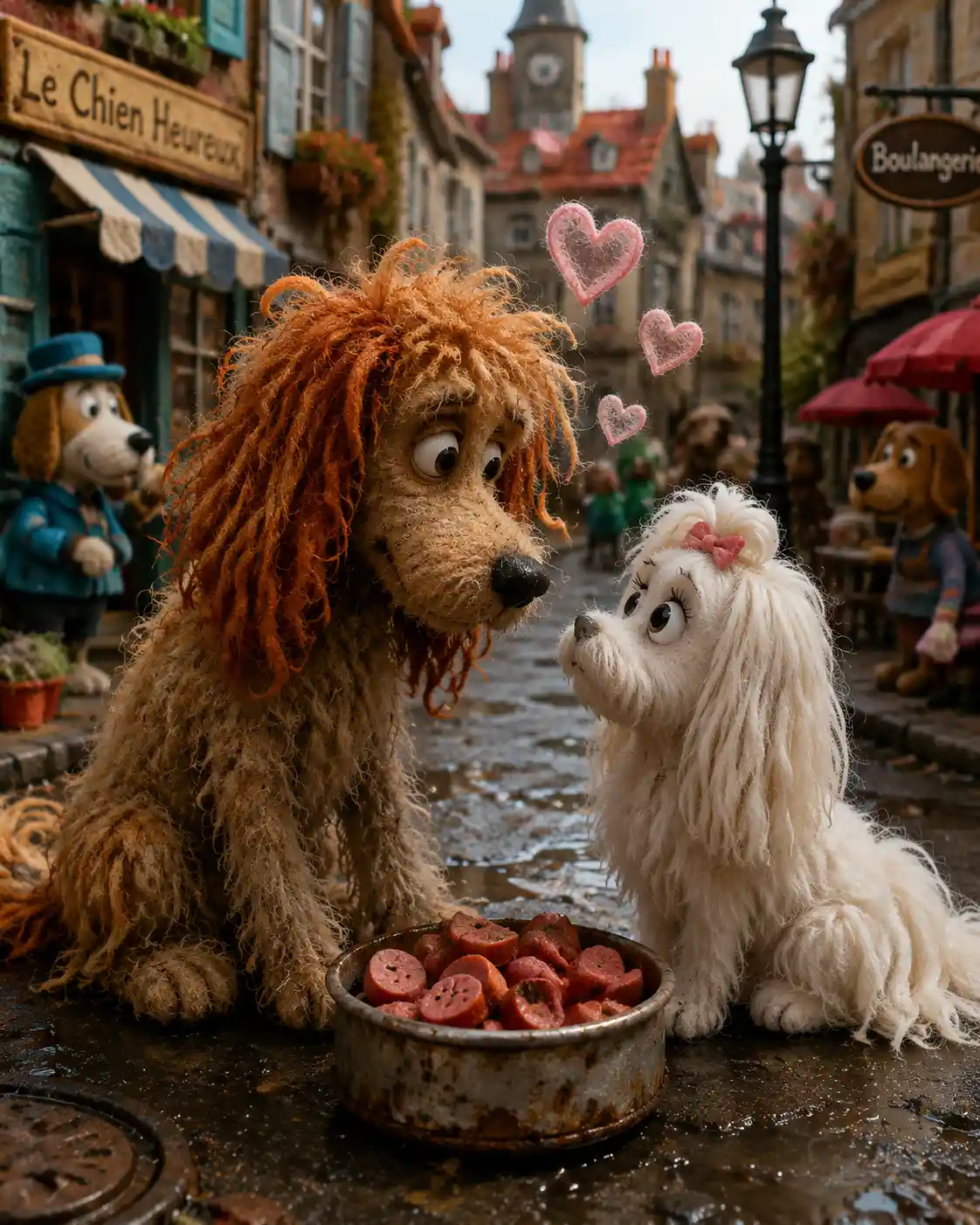 Two felt dogs in love over a tin bowl on street